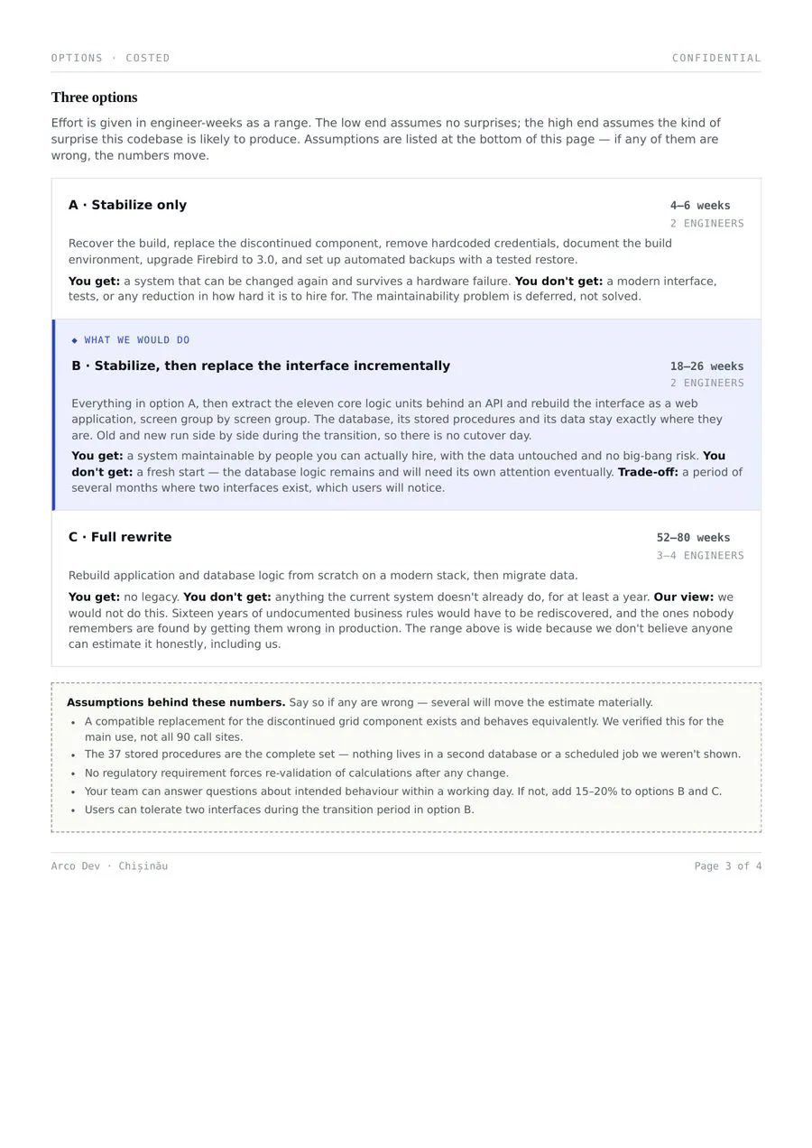 Three costed options page with assumptions listed