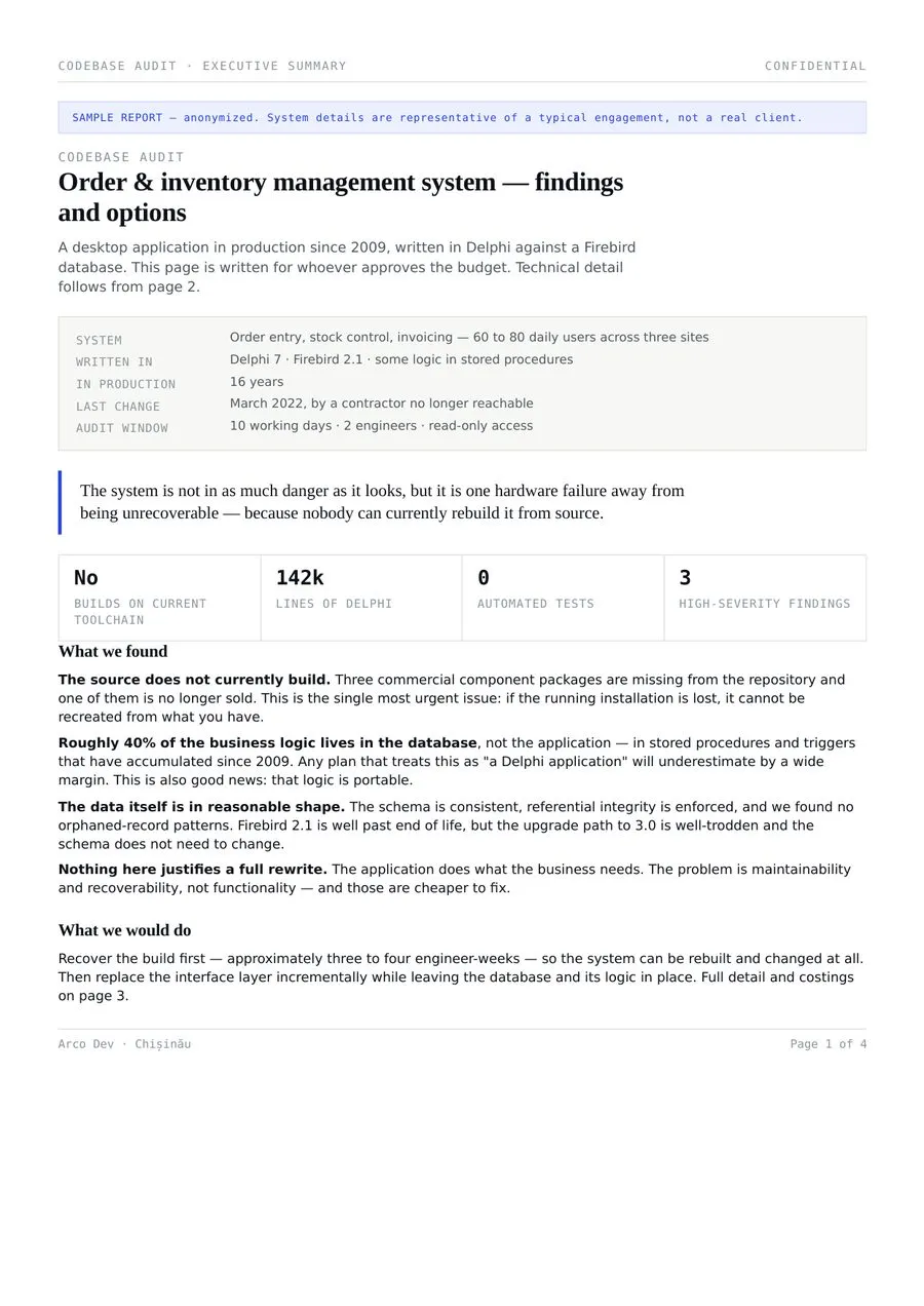 Executive summary page of a sample codebase audit report
