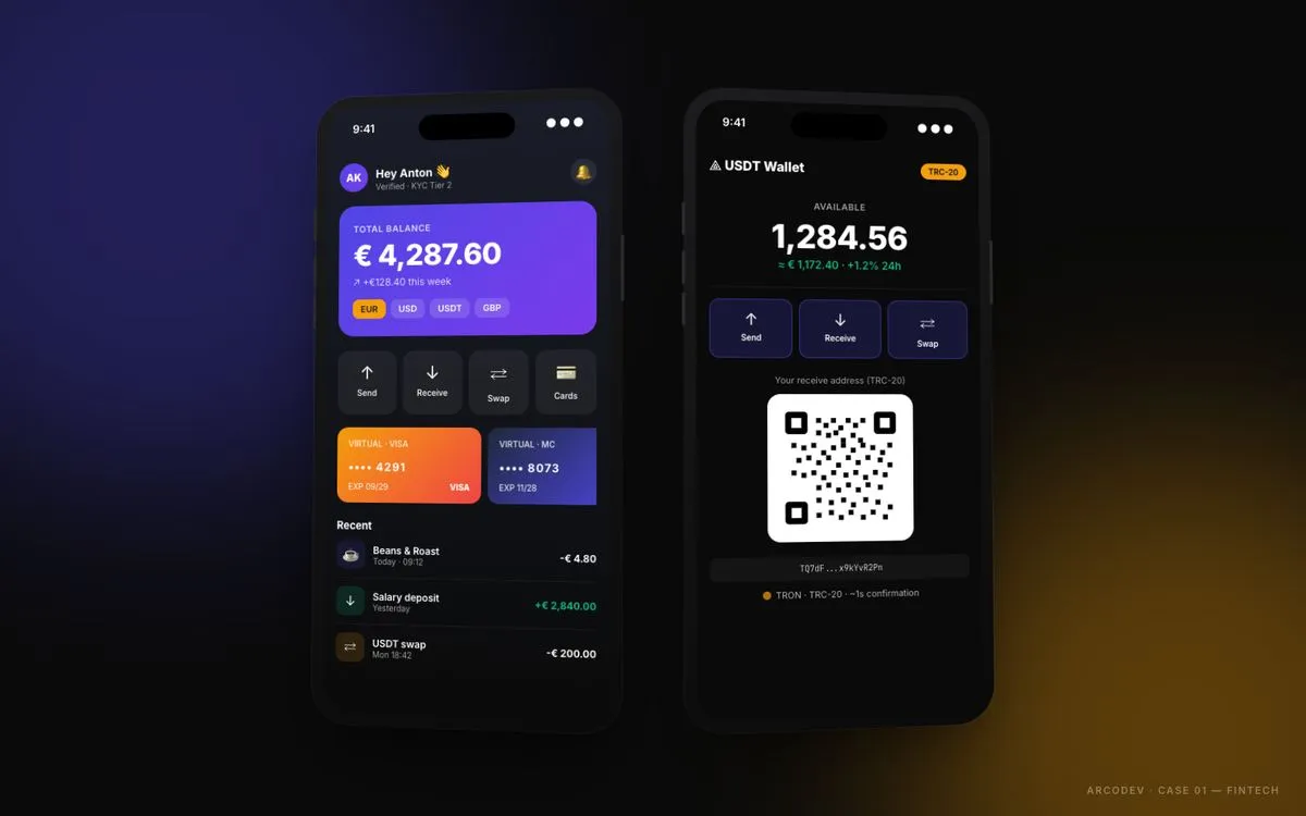 Digital banking app with fiat and crypto wallets